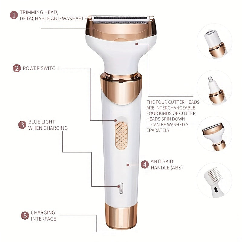 4-in-1 Women's Electric Razor - Wet & Dry Hair Remover For Pubic Hair, Eyebrow, Nose, Face, Legs, Underarms - Portable Bikini Trimmer - Rechargeable & Cordless - Gentle & Effective Hair Shaving